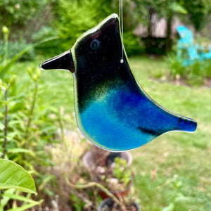 Adult sized fused glass black and blue hanging stellers jay