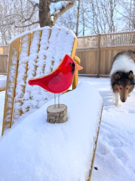 Load image into Gallery viewer, Fused Glass Adult Cardinal perched on Log in Snow