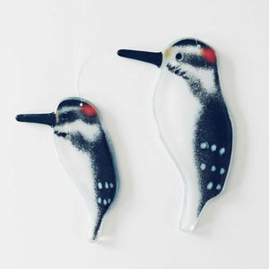 Fused Glass Art Hairy_Woodpeckers_Hanging