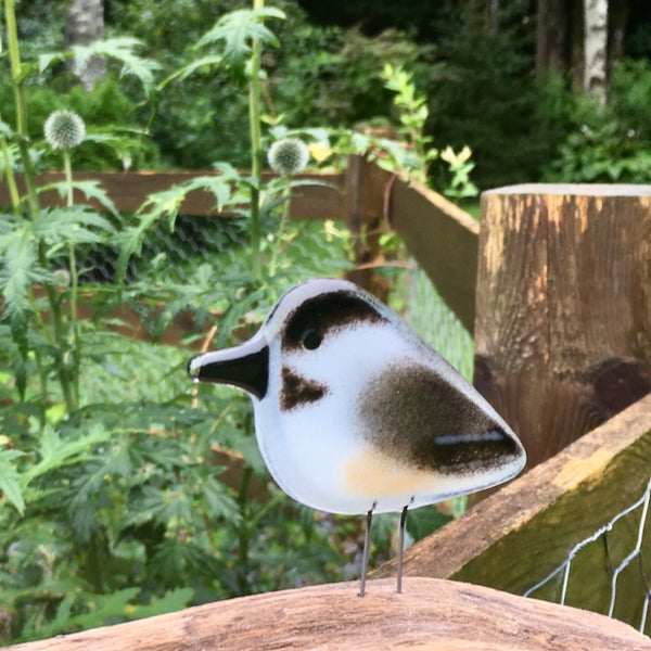 Load image into Gallery viewer, Fused Glass Black and White Perched Chickadee Chick in a flower garden