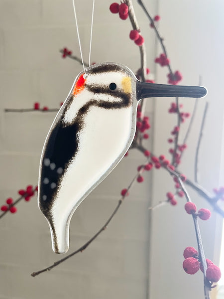 Load image into Gallery viewer, Fused Glass Hairy Woodpecker Home Decor