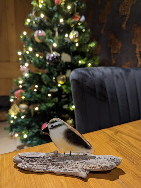 Load image into Gallery viewer, A cute fused glass nuthatch sits on a piece of driftwood on a table. In the background is a Christmas Tree
