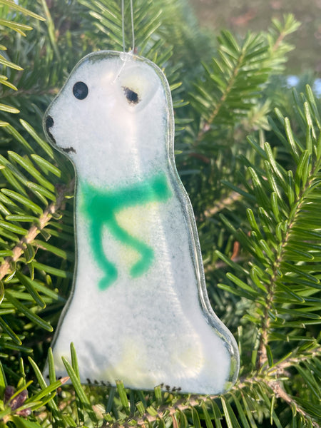Load image into Gallery viewer, handcrafted fused glass polar bear in a green scarf