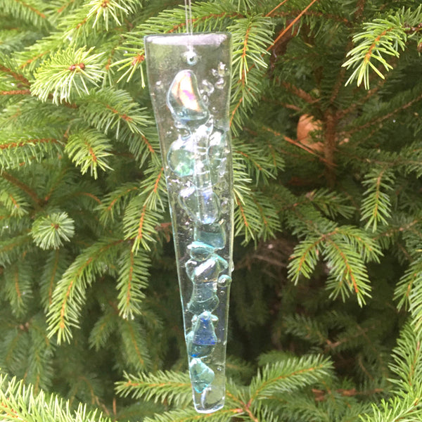Load image into Gallery viewer, Fused Glass Aqua Christmas Icicle on a Tree