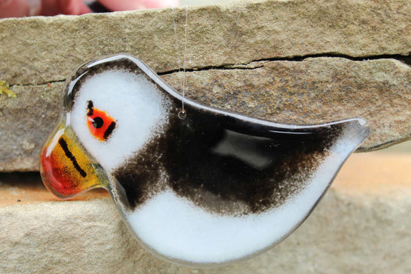 Load image into Gallery viewer, Black and White fused glass Adult Puffin Hanging Ornament