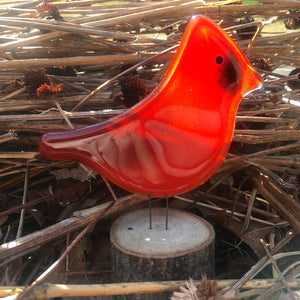 Bright red colourful glass Cardinal bird ornament nestled in reed-like dry grasses. There's a hint of warm sunshine over his face.
