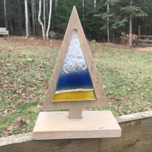 Fused Glass Beach Xmas Tree on a Tree Shaped piece of wood