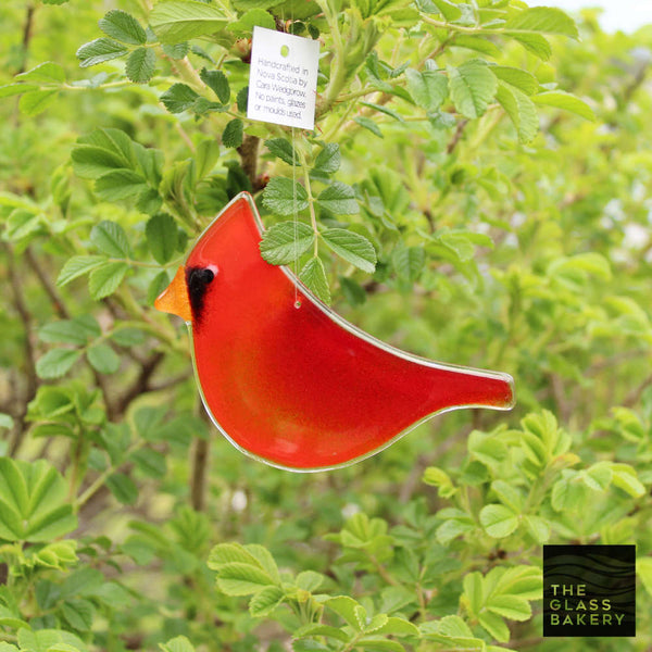 Load image into Gallery viewer, Fused Glass Red Cardinal Hanging Ornament faces Left