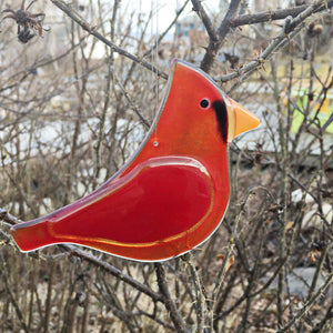 A red glass cardinal hangs from a thorny rose bush in winter