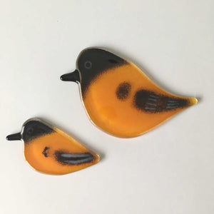 Fused glass Baltimore oriole chick and adult hanging