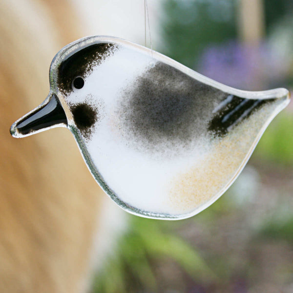 Load image into Gallery viewer, A fused glass chickadee hanging ornament