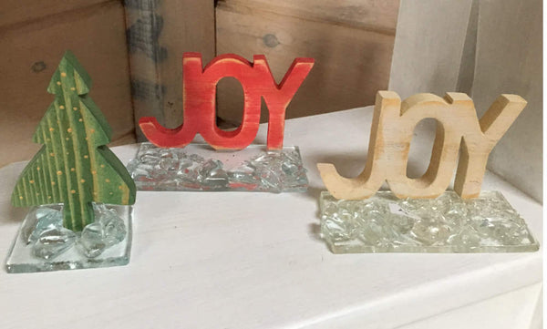 Load image into Gallery viewer, Winter Holiday/Christmas Wood Glass Table Decoration spelling Joy