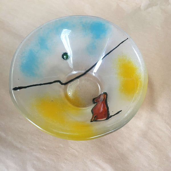 Load image into Gallery viewer, Brown Labrador Dog sits on the beach looking at a green ball in the ocean: glass dish