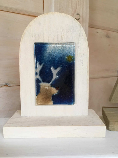 Load image into Gallery viewer, Table or Windowsill Holiday/Christmas Ornament featuring Rudolph Reindeer on a Midnight Blue Sky background.