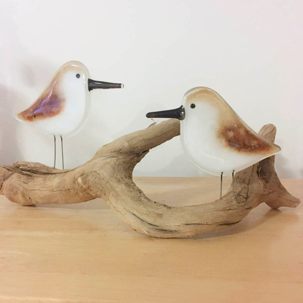 Charger l'image dans la galerie, a pair of brown and white glass sandpiper birds are perched on a piece of wriggly driftwood. The driftwood is placed on a wooden table.