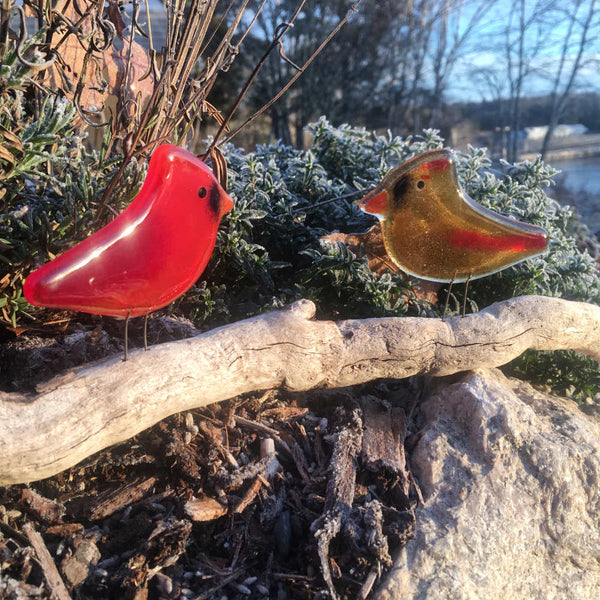 Load image into Gallery viewer, A pair of male and female cardinal chicks made of glass, perch on driftwood in a frosty garden