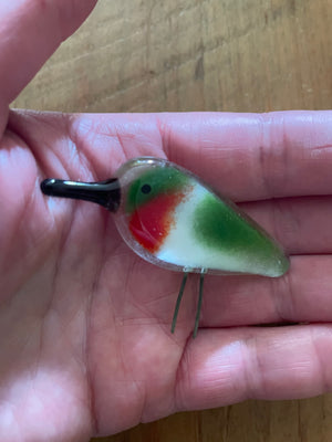 a tiny ruby throated hummingbird sits in the palm of a hand