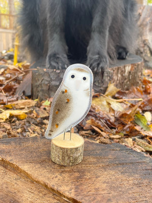 Decorative owl figurine on a wooden stand with a black dog in the background