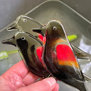 A trio of fused glass red-winged blackbirds in glossy red and black glass.