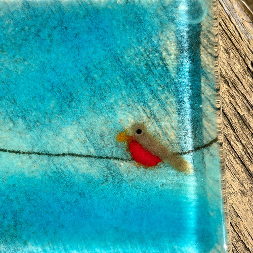 A close up of a blue fused glass coaster featuring a robin on a wire. 