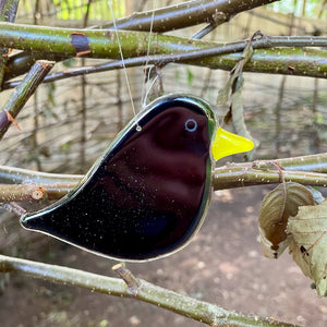 A fused glass blackbird with gold beak hanging from clear thread on a branch