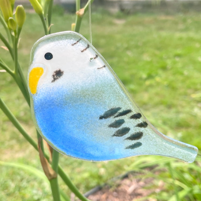 Blue and White Fused Glass Hanging Budgie Ornament in the garden/backyard.