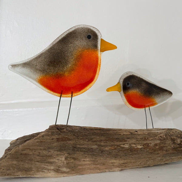 Load image into Gallery viewer, Brown and Red Adult and Chick Fused Glass Robin, perched on Driftwood. Home Decor
