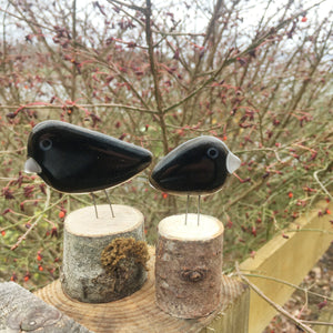 Two black glass bird ornaments in the form of crows, sit on log perches and balanced on the top rail of a fence. In the background is a bush with red berries. It's Autumn .