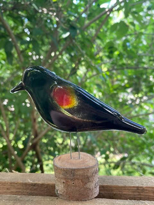 FUSED GLASS ART RED WING BLACKBIRD ON A LOG