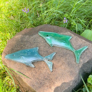 FUSED GLASS ART WHALES HANGING SITTING ON A ROCK