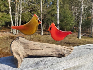 Fused Glass Art Female and Male Red Cardinal on a log