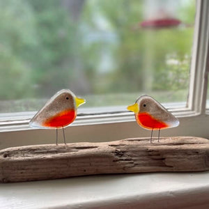 Two Fused Glass Art Red Robins on wood 