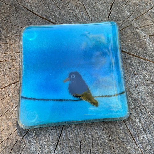 Close up of a fused glass coaster featuring a blackbird on a wire and a blue sky.