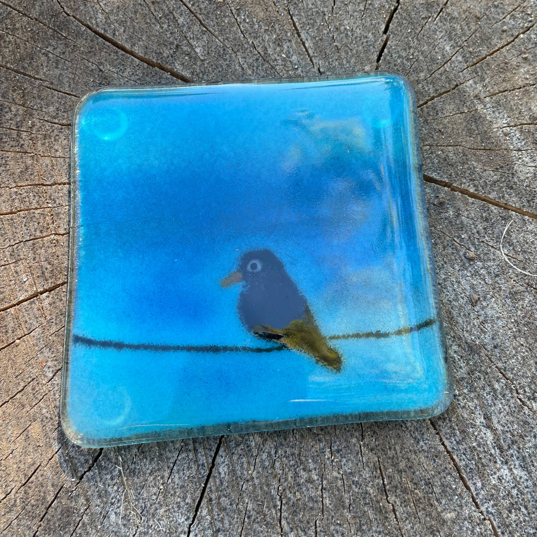 Close up of a fused glass coaster featuring a blackbird on a wire and a blue sky.
