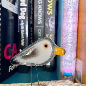 glass seagull on a bookshelf