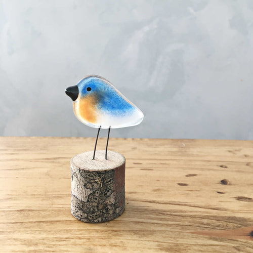 Fused Glass Pocket_Bluebird on log