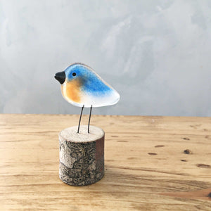 Fused Glass Pocket_Bluebird on log