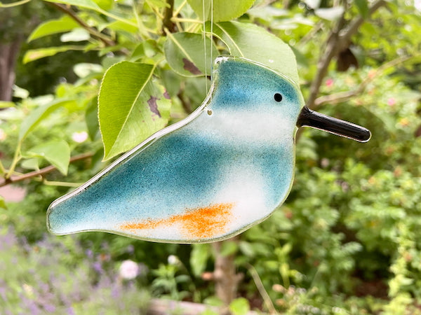 Load image into Gallery viewer, Fused Glass Teal Blue and White Kingfisher Hanging Ornament in Nature
