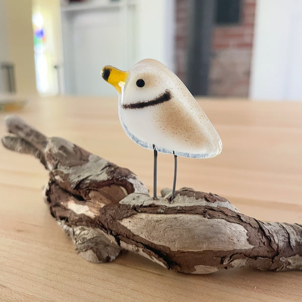 Load image into Gallery viewer, Brown and White Fused Glass Pocket size Piping Plover perched on driftwood, on a table
