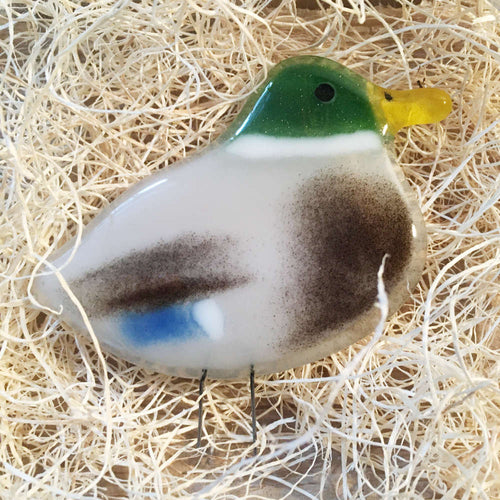 A glass mallard duck ornament is laying on wood fibre nesting material