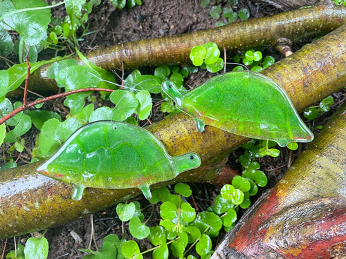 A pair of fused glass green painted turtles lay on top of fallen branches