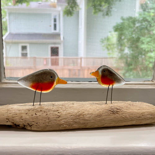 Pair of Fused Glass Pocket Robins on Driftwood, placed on window sill