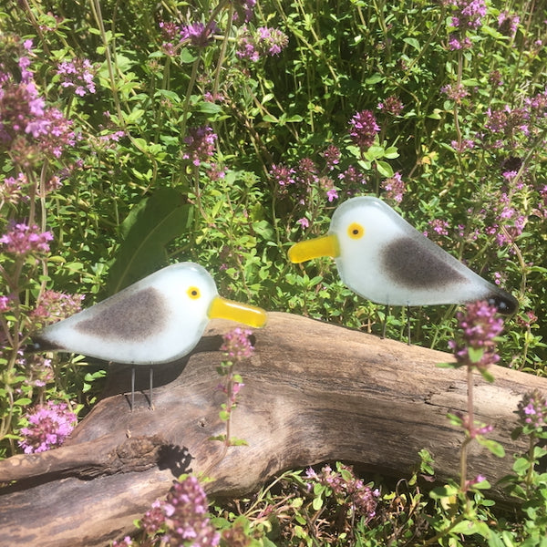 Load image into Gallery viewer, Pair of grey, white and black fused glass seagull chicks perched on driftwood against a backdrop of purple flowers.
