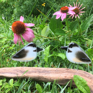 Pair of Fused Glass Chickadees in Nature 