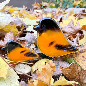 Two orange and black glass birds (a chick and adult) are perched in autumn leaves