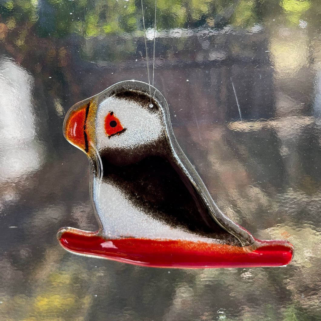 Fused Glass Puffin | Holiday Puffin Ornament with Toboggan