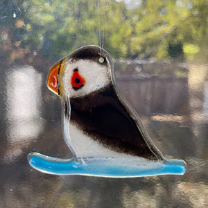 Fused Glass Puffin | Holiday Puffin Ornament with Toboggan