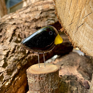 black and gold pocket fused glass blackbird perched on a log, in front of more logs