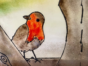 close up of the fused glass robin picture design