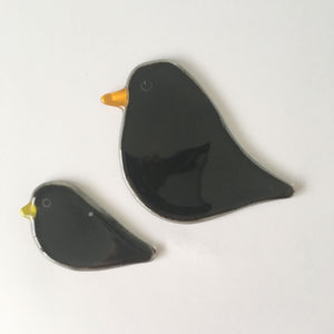 fused glass adult and chick hanging blackbird ornaments